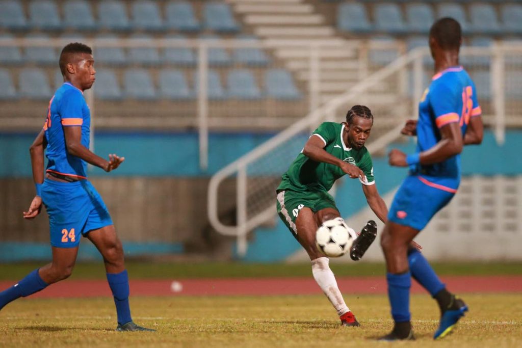 W Connection's Marcus Joseph shoots at goal against North East Stars in the final match of the TT Pro League season at the Ato Boldon Stadium, Couva, Friday. 