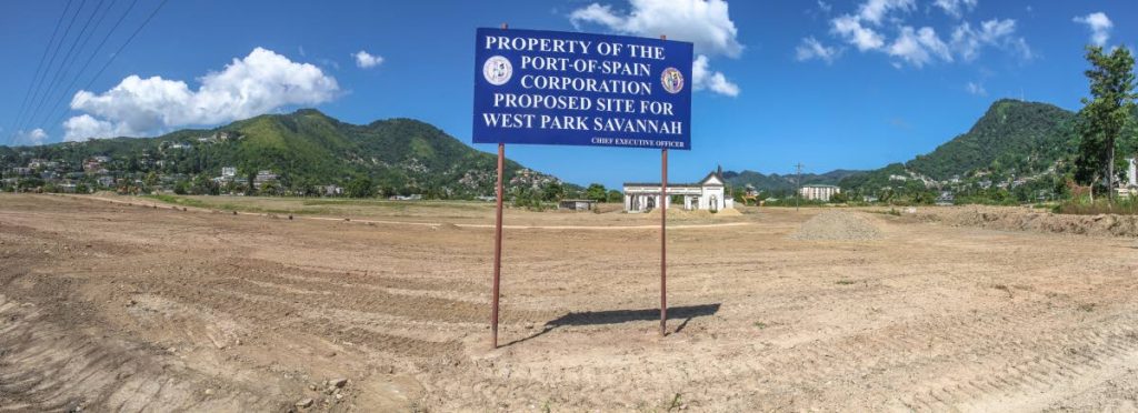 A sign declares property owned by the Port of Spain City Corporation would be used for West Park Savannah.