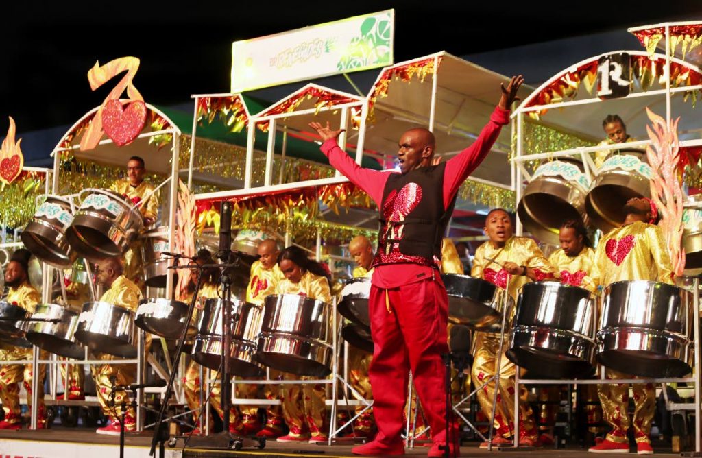 In this file photo, arranger Duvone Stewart leads BPTT Renegades to victory in the large band Panorama finals at Queen's Park Savannah, Port of Spain February 10. Pannists are to receive $12 million in outstanding fees.