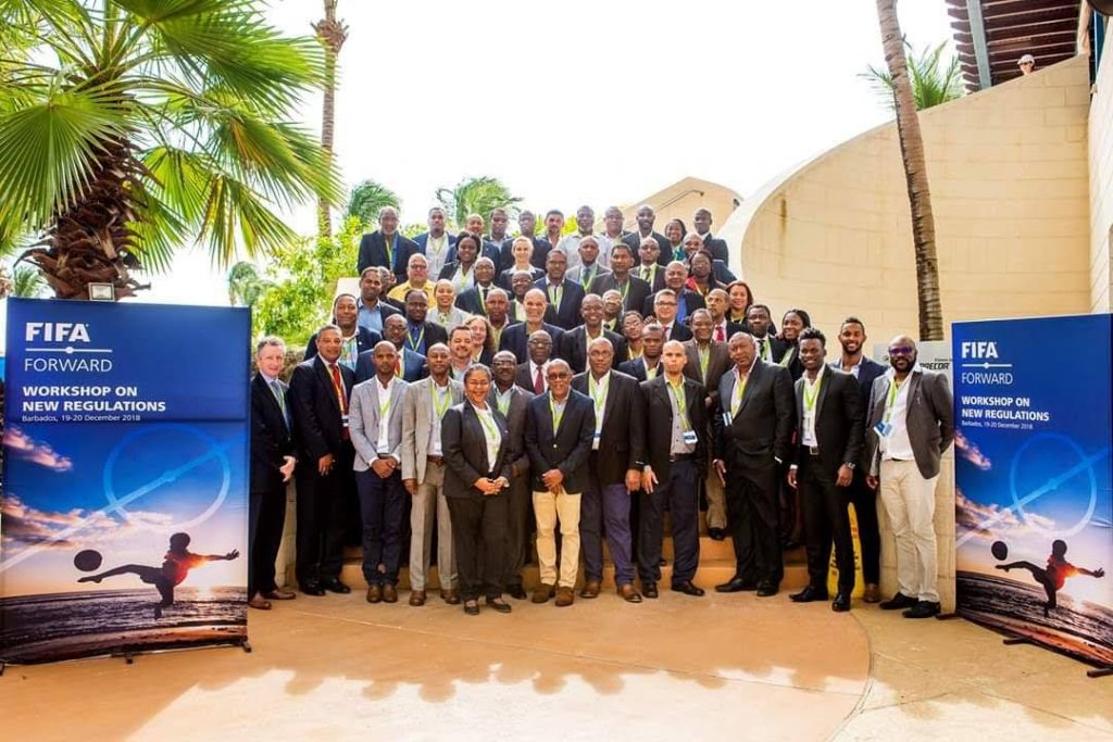 TTFA president David John-Williams (front row, fourth from right)  alongside other FIFA member associations delegation at a FIFA Forward seminar last week in Barbados.
