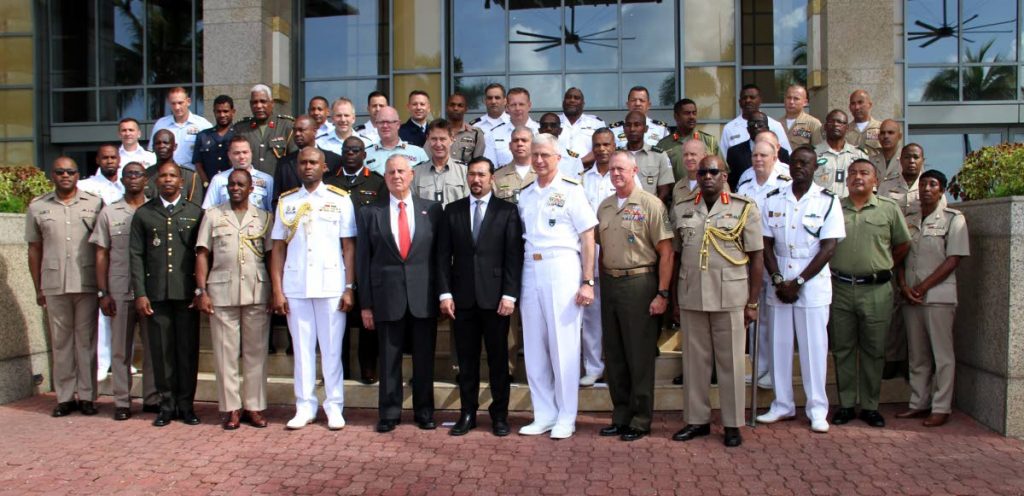 US Ambassador Joseph Mondello, centre front row, National Security Minister Stuart Young, fifth from right, with military officials from TT, the US and the region during the Caribbean Nations Security Conference at the Hyatt, Port of Spain on December 5 , 2018. PHOTO BY SUREASH CHOLAI