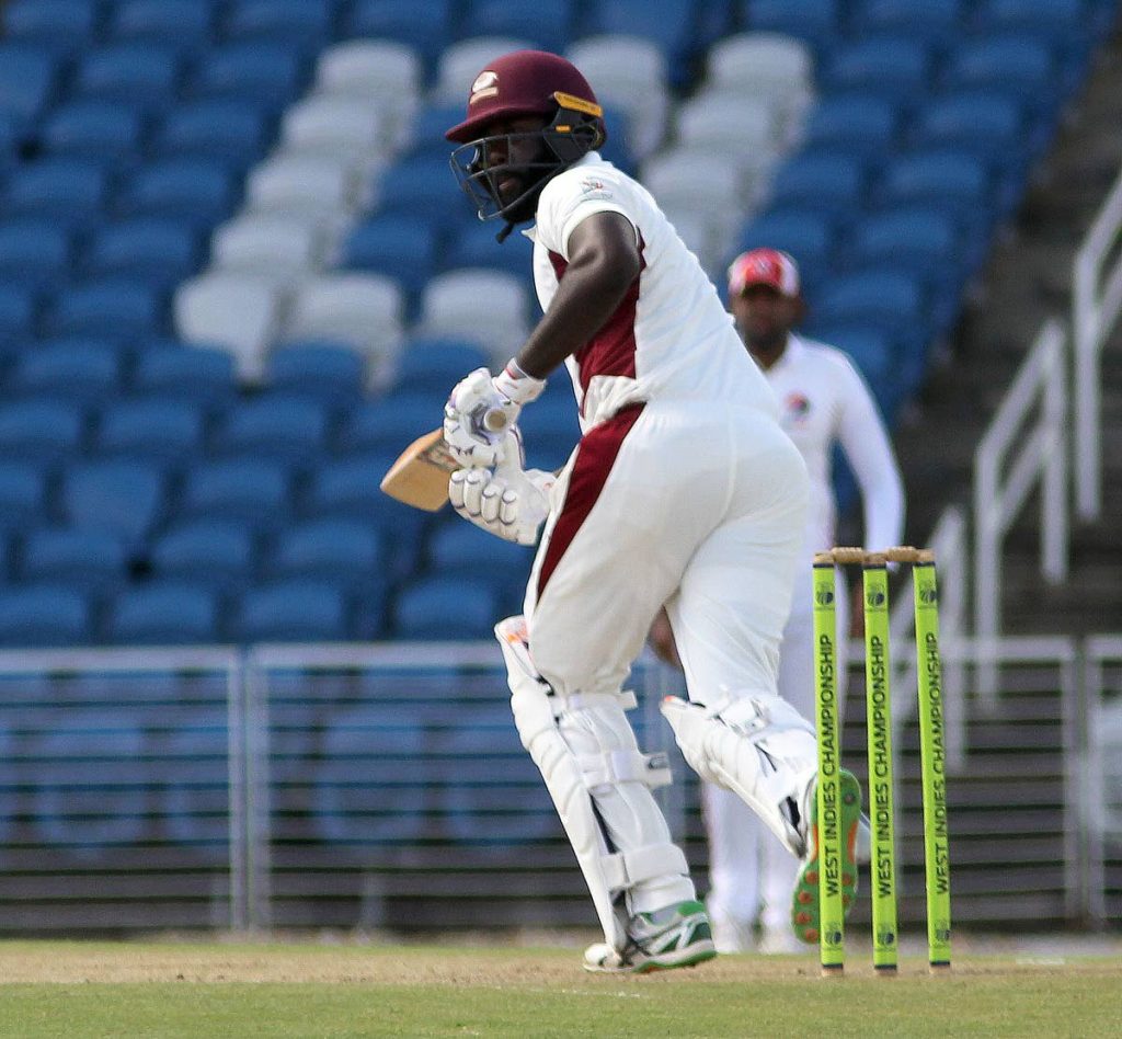 Leeward Islands' Montcin Hodge plays a shot against TT on day one of their four-day match at the Brian Lara Academy, Tarouba, last Friday. PHOTO BY LINCOLN HOLDER