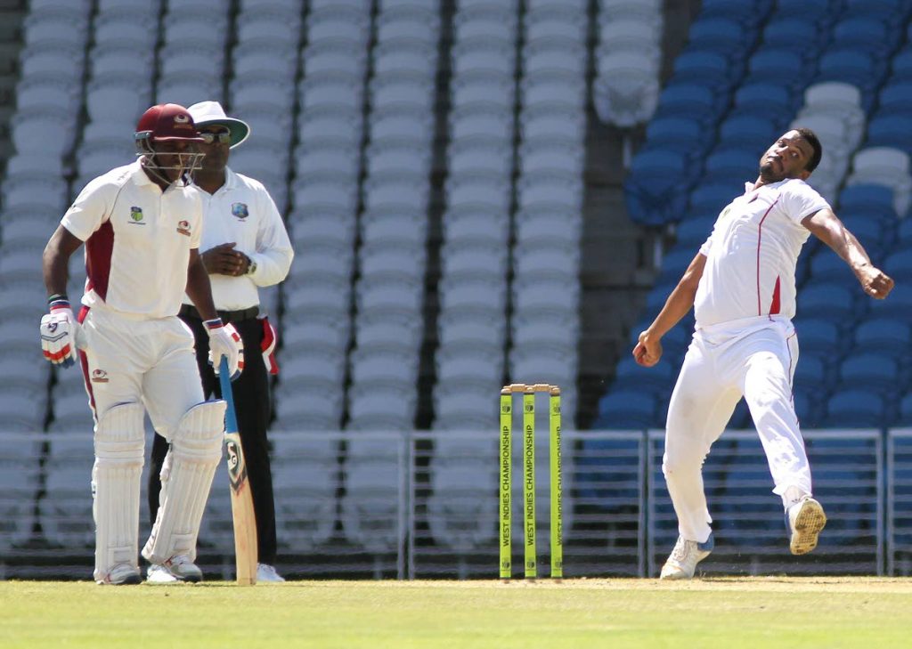 TT Red Force fast bowler Shannon Gabriel bowls against the Leeward Islands Hurricanes at the Brian Lara Cricket Academy in Tarouba in the West Indies Four-Day Championships, yesterday. Gabriel took 3/41.