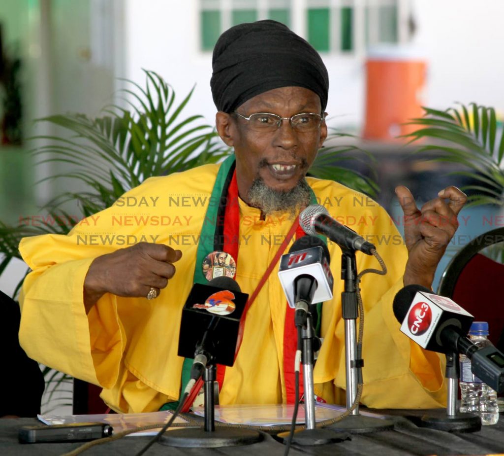 High Priest Imsley Payne of zion speaks at the media conference hosted by the All Mansion of Rastafari (AMOR) to discussion issues surrounding the decriminalisation of cannabis in TT.  PHOTO BY ROGER JACOB.