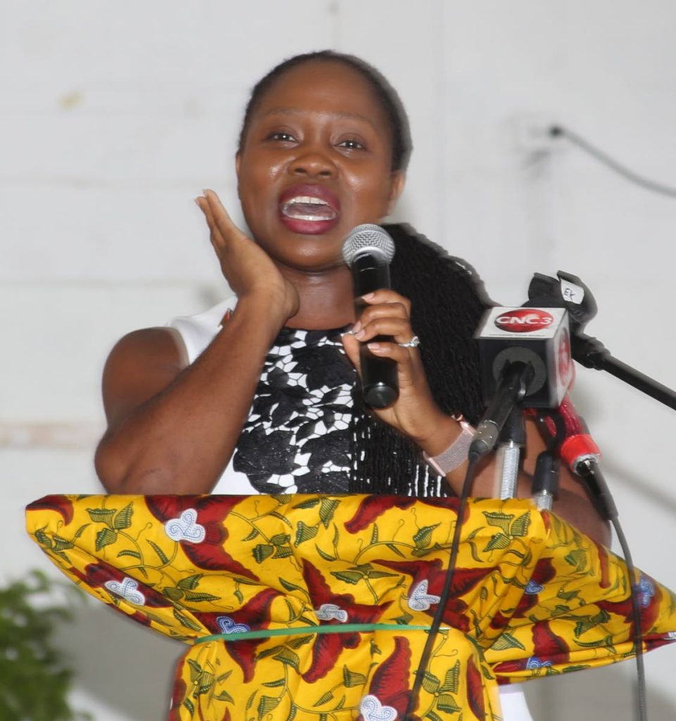 TT Ambassador to the UN Makeda Daniel-Cambridge speaks to a gathering at the Marabella North Secondary School during a visit to the school yesterday. Photo by Vashti Singh