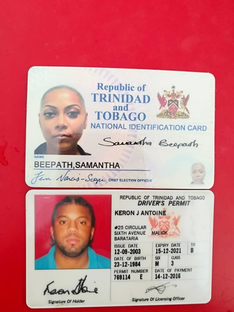 The IDs of Samantha Beepath and Keron Antoine who died when their car crashed into the Guyamare River in Caroni