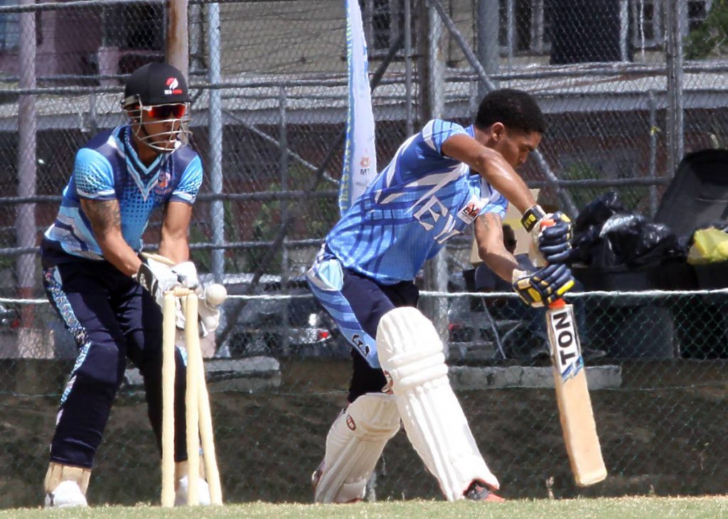 El Socorro Youth Movement’s (EYM) Shaquille McDavid is bowled by Cane Farm’s Anthony Simmons (not in photo), during their UWI-Unicom T20 match, at the Sir Frank Worrell Ground, St Augustine,yesterday
