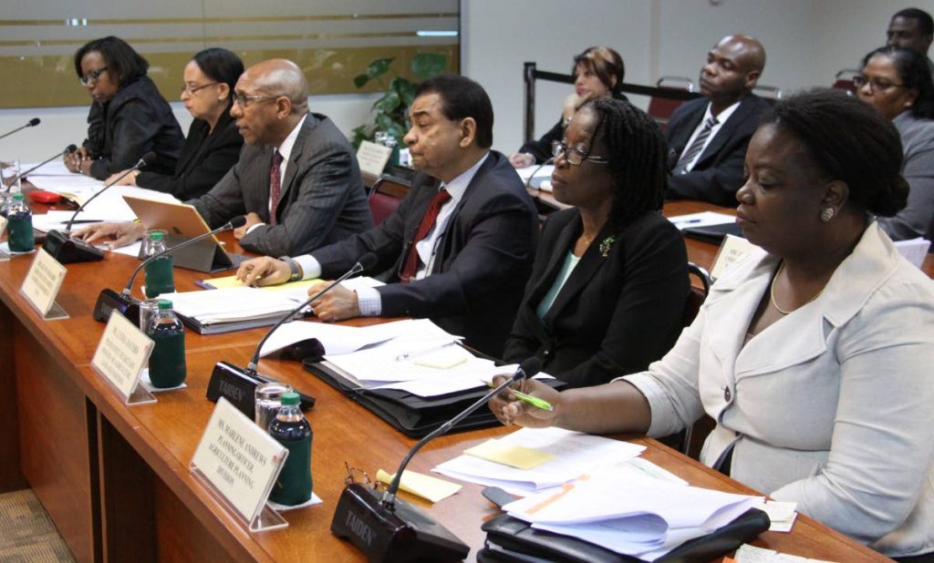 Acting perm sec Michelle Durham-Kissoon, AG. PS Ministry of Trade and Industry, Frances Seignoret Frances, NFM chairman Nigel Romaro, NFM CEO Kelvin Mahabir, PS Ministry of Agriculture, Land & Fisheries and Agriculture Planning Decision, Planning Officer, Marlene Andrews, at The Committee on State Enterprises, J. Hamilton Maurice Room, International Waterfront.

PHOTO:ANGELO M. MARCELLE
14-01-2019