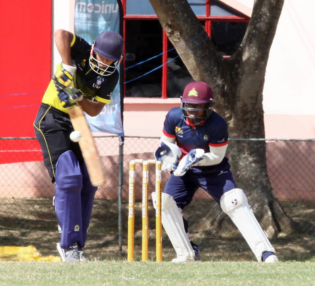 UWI's Sachin Seecharan plays a shot off his legs against Combined Campuses and Colleges in a UWI World Universities T20 match yesterday. PHOTO BY ANGELO MARCELLE 