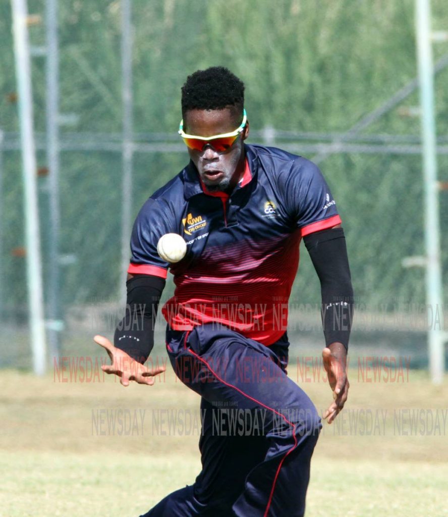 Combined Campuses and Colleges fielder Odain McCathy drops a catch against Oxford in a UWI World Universities T20 semi-final at the Sir Frank Worrell Ground, St Augustine yesterday. McCathy made up for that error with a quick-fire 36 not out to help his team to victory.  PHOTO BY SUREASH CHOLAI