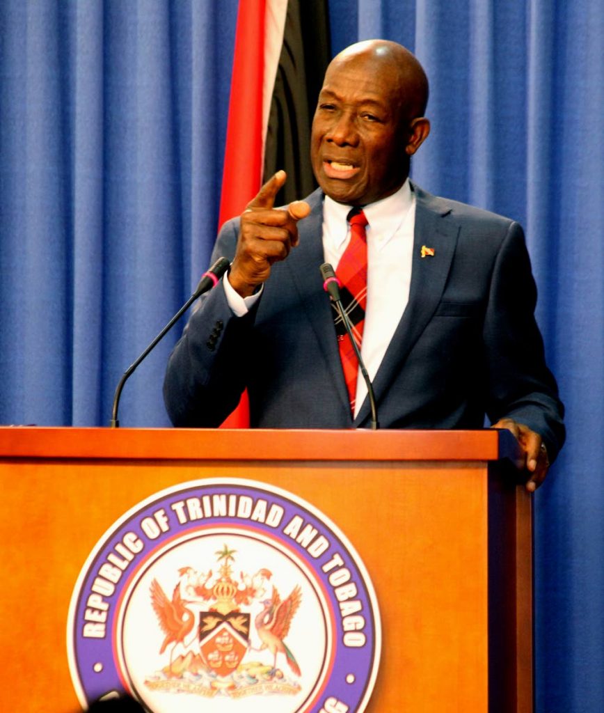 Prime Minister Dr Keith Rowley addresses the members of the media. PHOTO BY ROGER JACOB