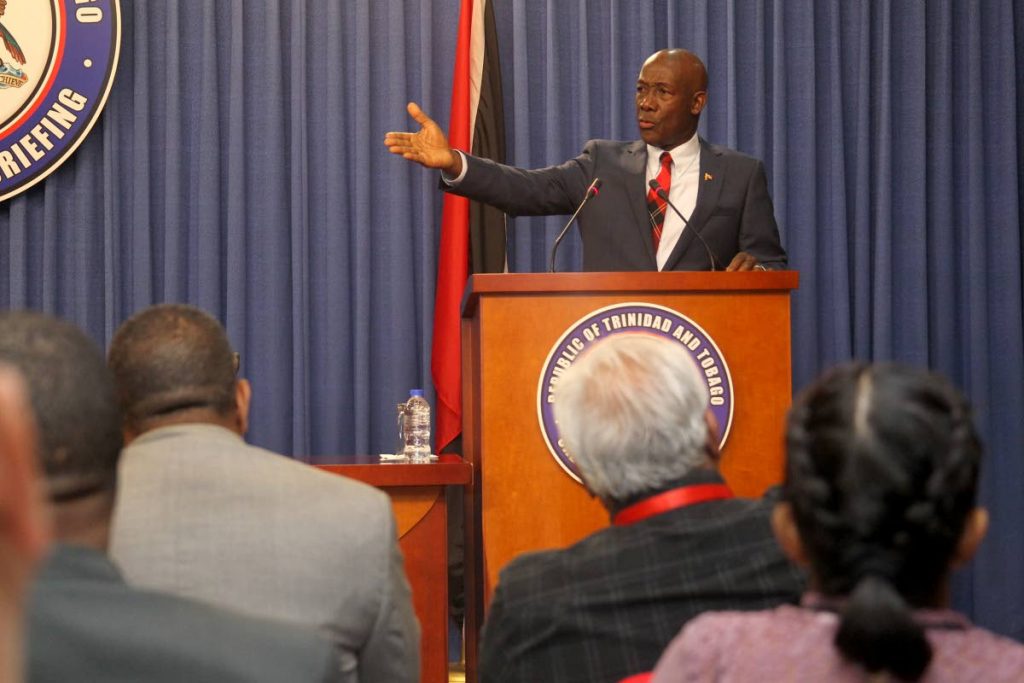 I AM SPEAKING: Prime Minister Dr Keith Rowley during his three-hour plus “conversations” 
with journlists last Thursday at the Diplomatic Centre in St Ann’s where he spoke extensively 
on the Sandals pullout. PHOTO BY ROGER JACOB