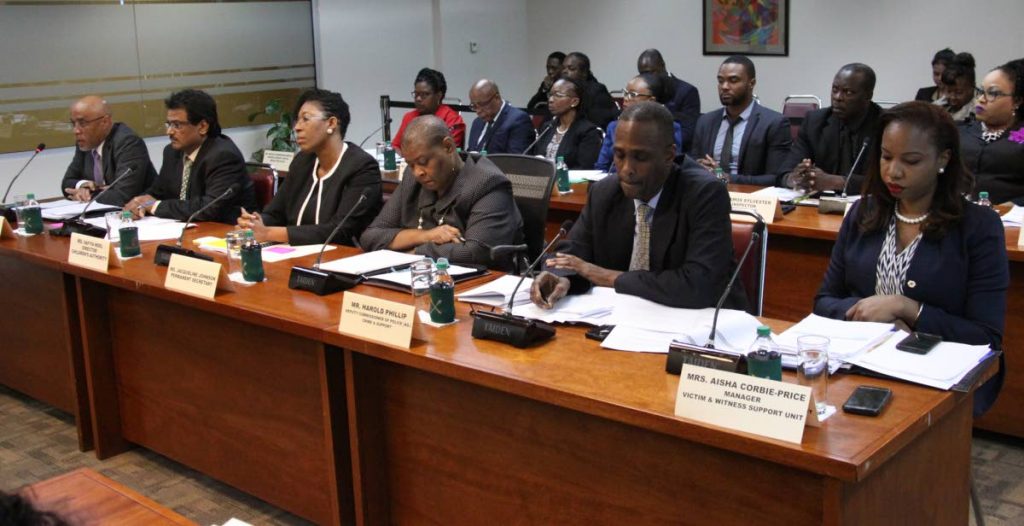 (left to right) Ministry of Education PS Kurt Meyer, acting chief education officer John Roopchan,  Children's Authority director Safiya Noel, Office of the PM PS Jacqueline Johnson, acting deputy police commissioner Harold Phillip and TTPS Victim and Witness Support Unit manager,Aisha Corbie-Price at the Joint Select Committee on Human Rights, Equality and Diversity in Parliament on Friday. The committee disclosed cases of girls engaging in porn. PHOTO BY ANGELO MARCELLE
