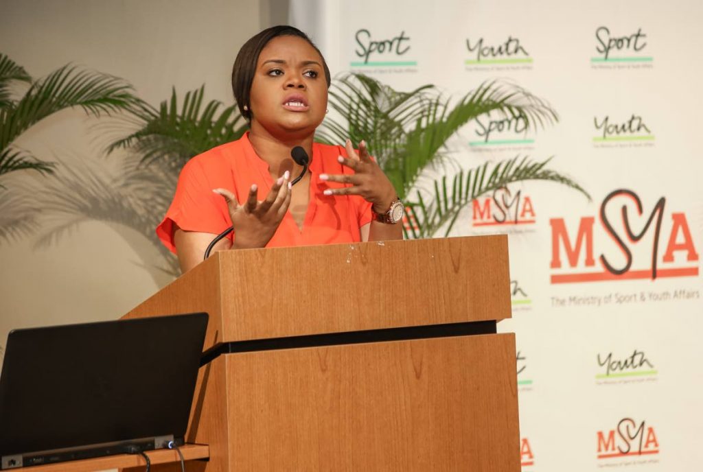 Sport and Youth Affairs Minister Shamfa Cudjoe addresses a youth stakeholders meeting at Government Campus Plaza, Richmond Street, Port of Spain yesterday. PHOTO BY JEFF MAYERS