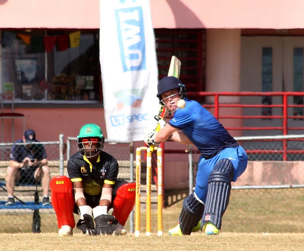 Oxford Marylebone Cricket Club University's Henry Adair on the attack against UWI yesterday in the semi-finals of the UWI World Universities T20 Tournament at the Sir Frank Worrell Ground, St Augustine. PHOTO BY ROGER JACOB 