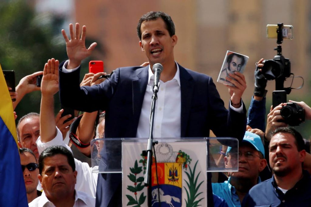 Juan Guaido, head of Venezuela's opposition-run congress, declares himself interim president of Venezuela, during a rally demanding President Nicolas Maduro's resignation in Caracas, Venezuela last Wednesday. FILE PHOTO

