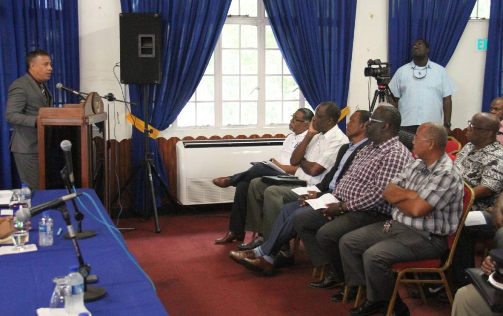 Police Commissioner Gary Griffith addresses members of the Arima Business Association during a meeting at Arima Town Hall on Friday. PHOTO BY AYANNA KINSALE