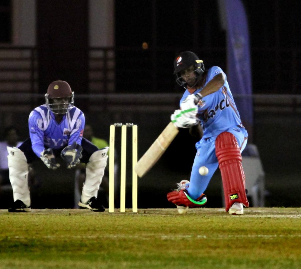 QPCC’s Tion Webster plays a shot during the final against the El Socorro Youth Movement, of the UWI-UNICOM T20 Tournament, held at the Sir Frank Worrell Ground, St Augustine, on Sunday. Photo by Sureash Cholai