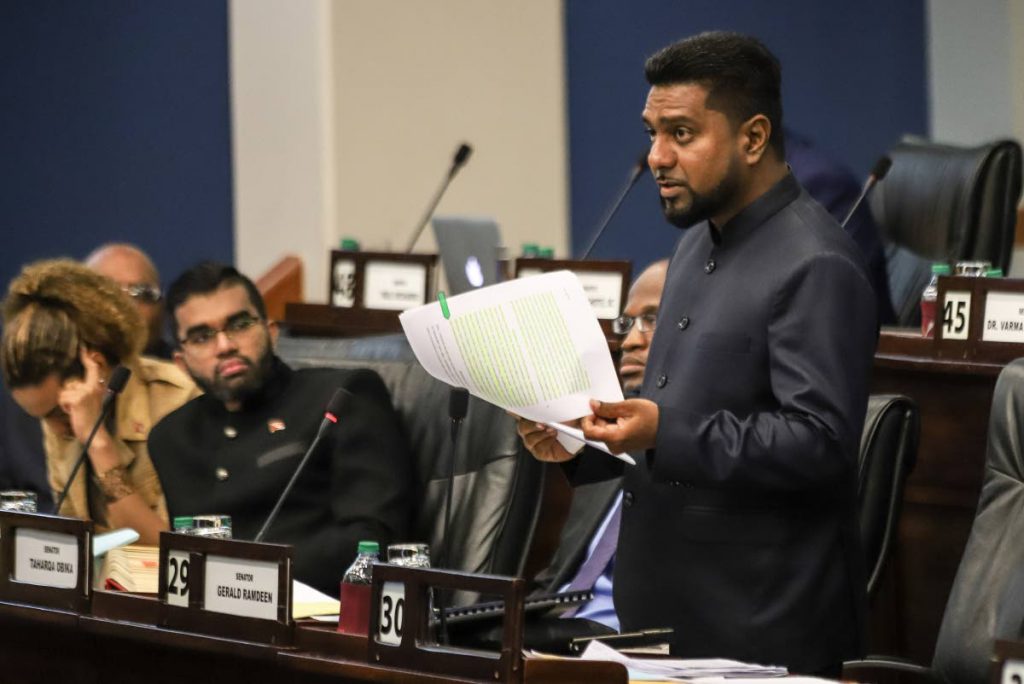 Opposition Senator Gerald Ramdeen speaks during sitting of the Upper House on Tuesday in Port of Spain.