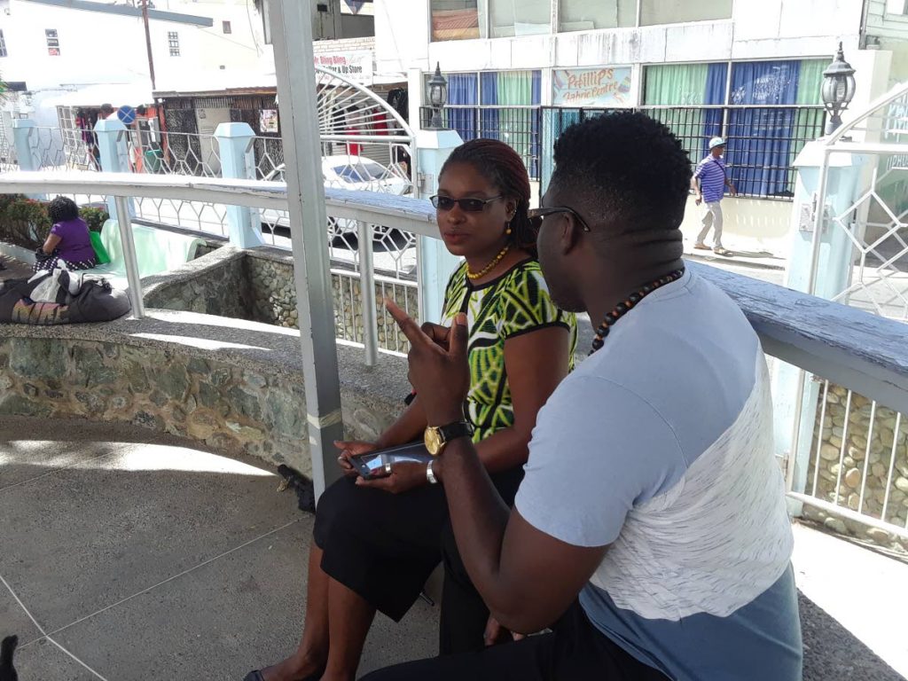 Minority Councilor Faith BYisrael, left, meets with a member of the public at the James Park, Scarborough, on Tuesday morning following a press briefing at the venue.