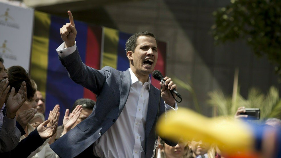 FILE - In this Jan. 11, 2019 file photo, Juan Guaido, president of the Venezuelan National Assembly, delivers a speech during a public legislative session in Caracas, Venezuela. The head of Venezuela's opposition-run congress declared himself president of Venezuela on Wednesday, Jan. 23, 2019. A Trump administration official and a U.S. congressional aide say U.S. President Donald Trump plans to recognize Guaido as the interim president of the crisis-mired South American country. (AP Photo/Fernando Llano, File)