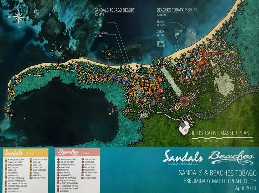 An April 2016 map of the plans for Sandals resorts in Tobago. The resort chain however withdrew from the project because of 