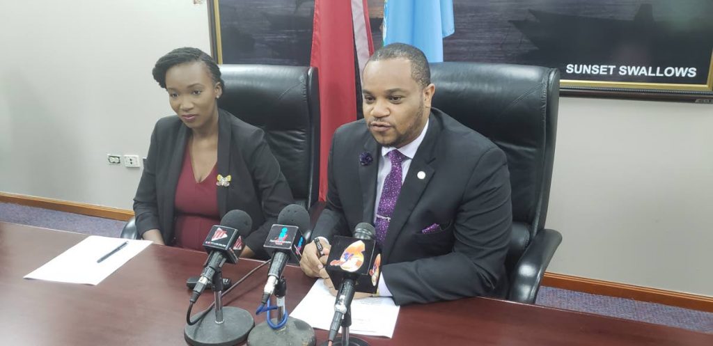 Secretary of Infrastructure Kwesi DesVignes and Transportation Planner with the Division of Infrastructure Nadia Frank-John at  Wednesday’s post Executive Council media briefing at the Division of Tourism  in Scarborough