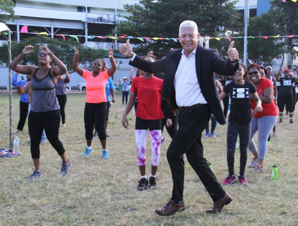 Port-of-Spain Mayor, Joel Martinez takes part in the 180 Degree Fitness burnout at the Nelson Mandela Park, St. Clair yesterday. PHOTO BY AYANNA KINSALE 