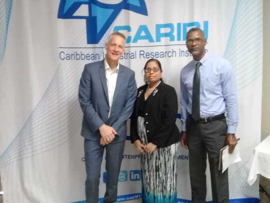Danish Technological Institute director for ideas and innovation, Knud Erik Hilding-Hamann stands with Cariri business development officer Melissa Bissoondath and Ideas Advisory Service (IAS) project chief Hayden Charles.