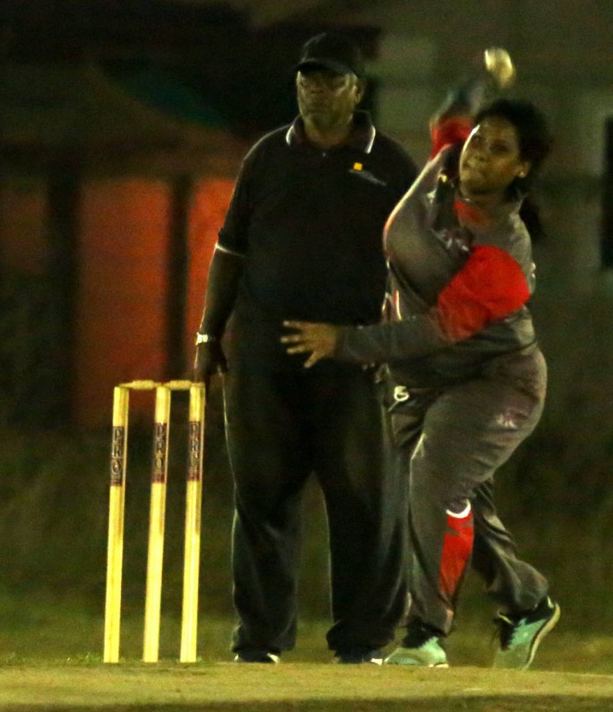 Cricket Divas' Makhila Superville bowls against Players Sports in a premiership division match at Avidesh Samaroo Park, Endeavour. PHOTO BY VASHTI SINGH