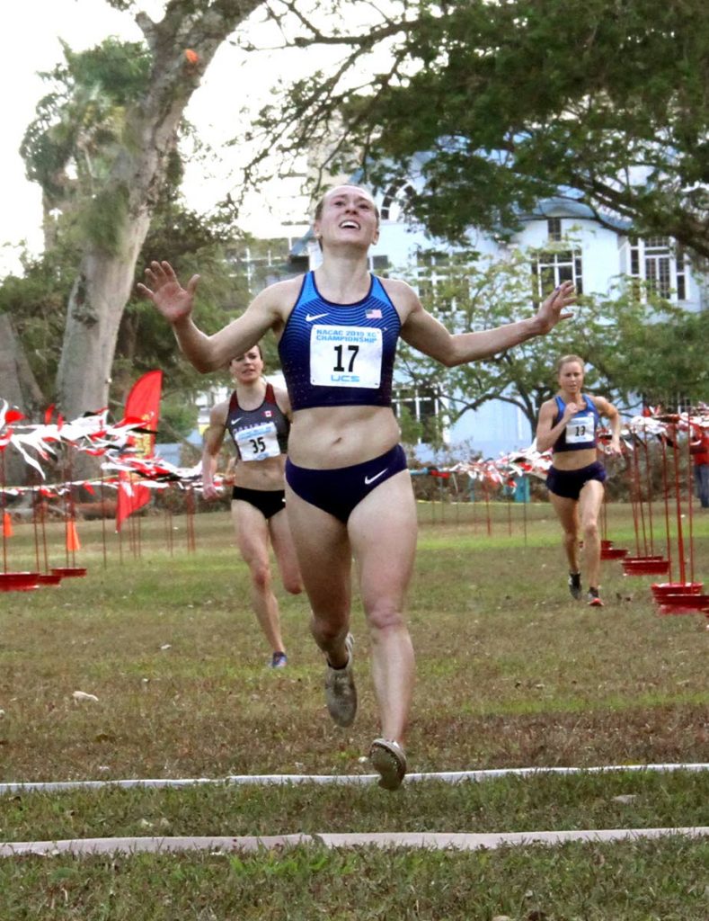 USA 's Breanna Sieracki crosses the finish line to win the 2019 NACAC Cross Country Championships 10K yesterday. PHOTO BY SUREASH CHOLAI 