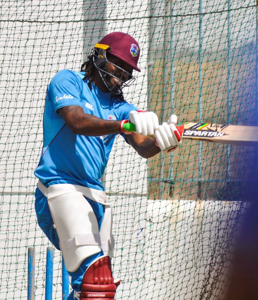 West Indies batsman Chris Gayle takes a knock in the nets at Kensington Oval in Barbados on Sunday. PHOTO COURTESY CWI MEDIA 