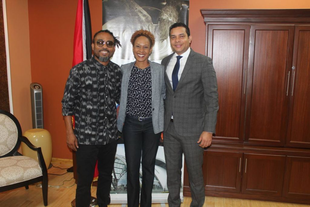 Tourism Minister Randall Mitchell, right, soca superstar Machel Montano, left, and CEO of TTL Camille Campbell following a meeting at the Ministry of Tourism last Thursday. PHOTO COURTESY MIN OF TOURISM