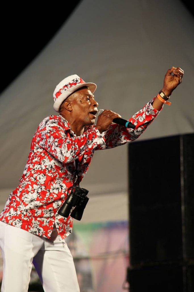 Alex “Tobago Chalkie” Gift sings his song, Travel Advisory, at Calypso Fiesta in Skinner Park, San Fernando, last Saturday.