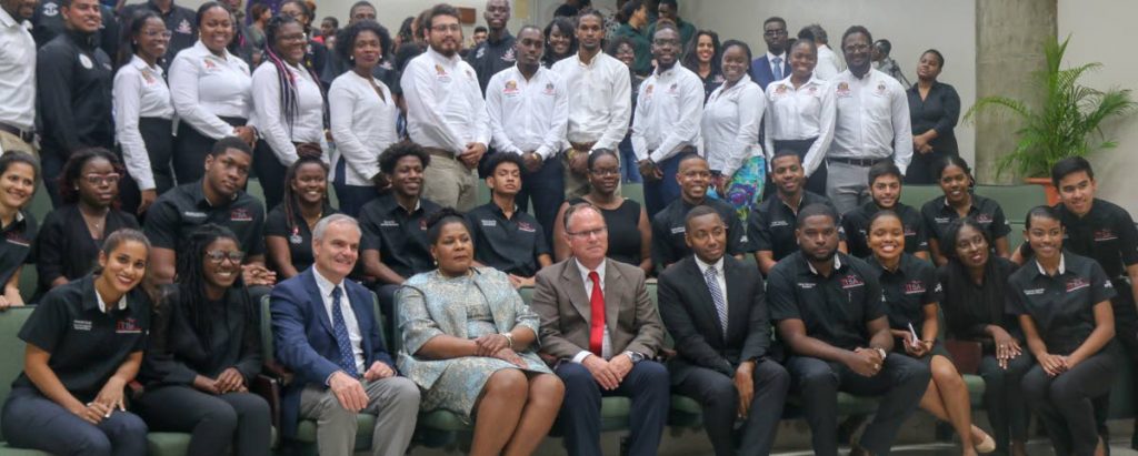 President Paula-Mae Weekes poses for a photo with staff and students of the UWI, Cave Hill campus' Law Faculty after addressing them in Barbados on February 18.    PHOTO BY XAVIER SYLVESTER