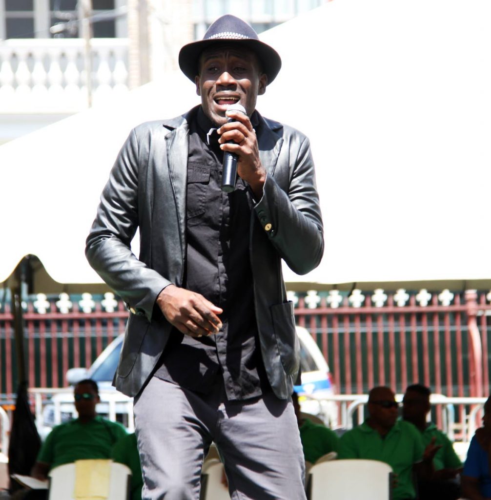YTC lad Akiel Mitchell sings a tribute to the late Mighty Shadow at the Prisons Service's  annual canival showcase at Woodford Square in Port of Spain featuring their top calypsonians that are in prison . PHOTO SUREASH CHOLAI