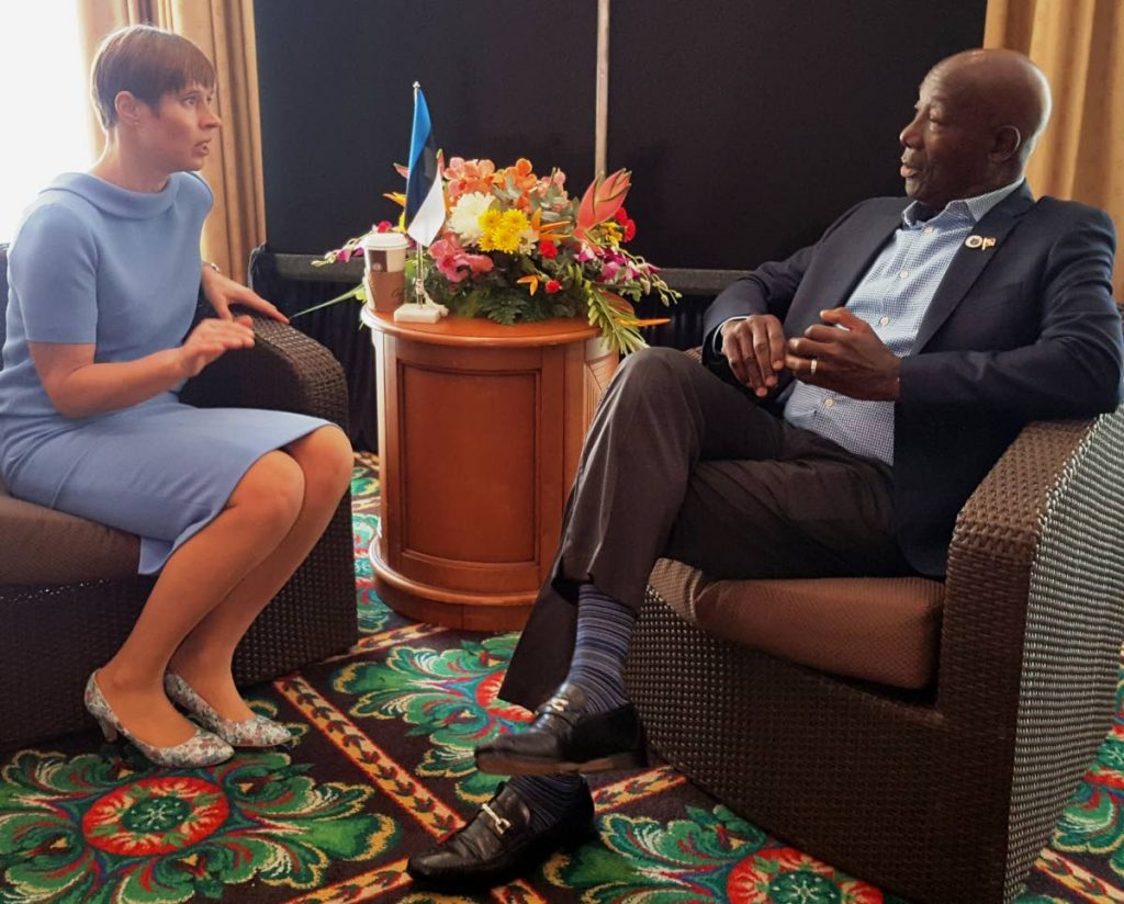 HIGH LEVEL TALKS: Prime Minister Dr Keith Rowley (right) meets with President of Estonia Kersti Kaljulaid during the morning of day two of the 30th Inter-sessional Meeting of the Caricom Heads of Government in St Kitts and Nevis.