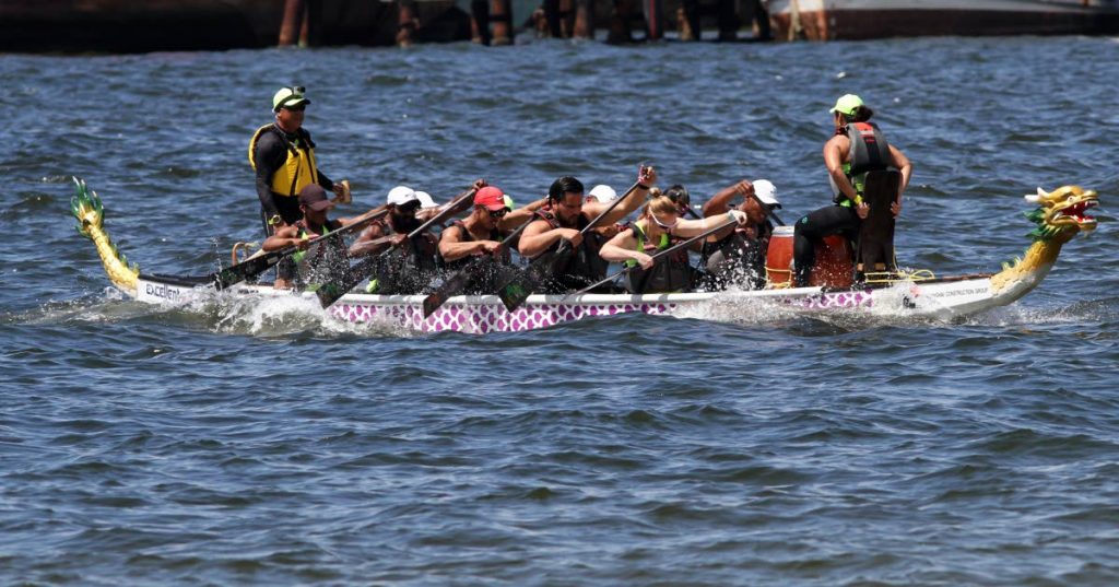 Oceanus Dragon Boat Club compete in the premier 200M, at the 13th annual Chinese Bicentennial Dragon Boat Regatta, which was held at the Chaguaramas Boardwalk, lasy year. Photo by Sureash Cholai
