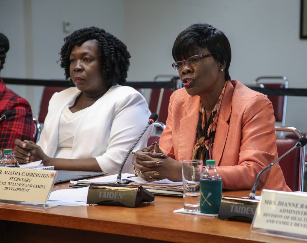 Division of Health, Wellness and Family Development Secretary Agatha Carrington, right, at the 28th Meeting of the JSC inquiry into Local Authorities, Service Commissions and Statutory Authorities, Tower D, Port of Spain, in January. 