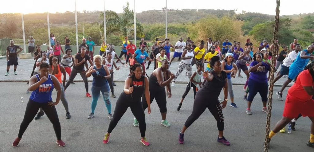 Members of DosFit Studios engage in a pre-Carnival burnout session at Shaw Park Cultural Complex last Sunday.  PHOTO COURTESY DOSFIT STUDIOS