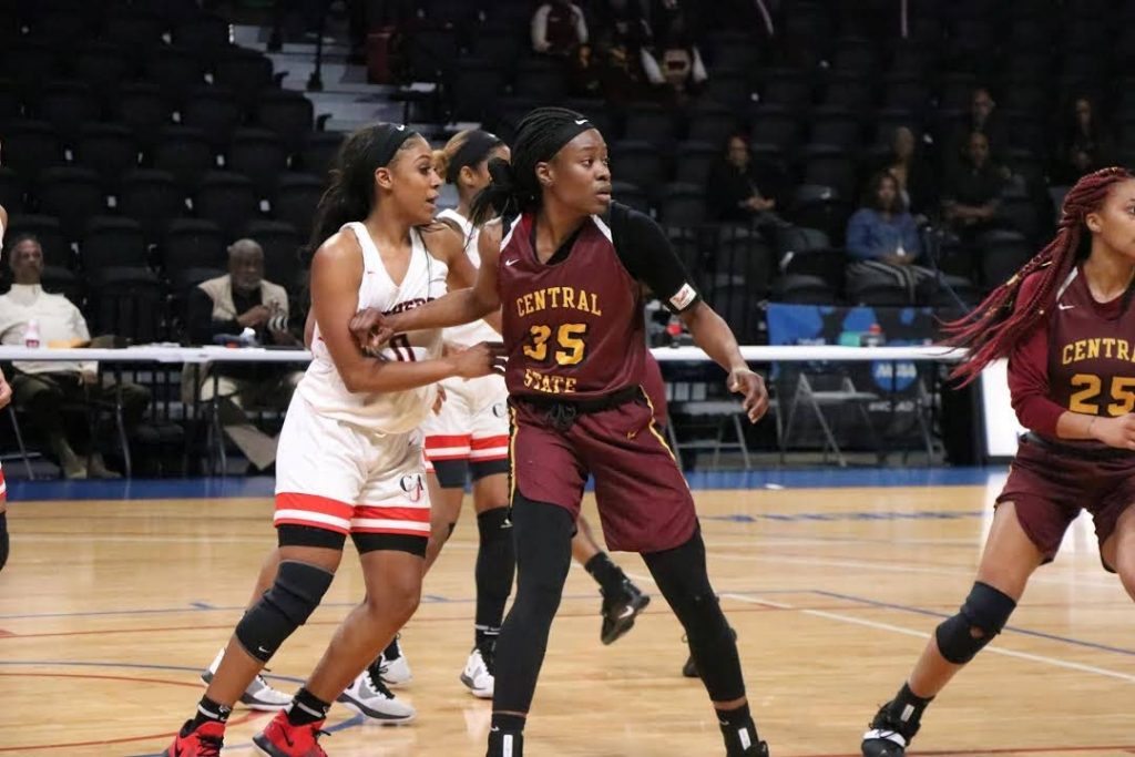 TT senior women’s team basketball player Chervelle Cox (35) guards a player during Central State University’s 86-79 overtime victory against Clark Atlanta University on Tuesday. The power forward scored a career-high 27 points for CSU.