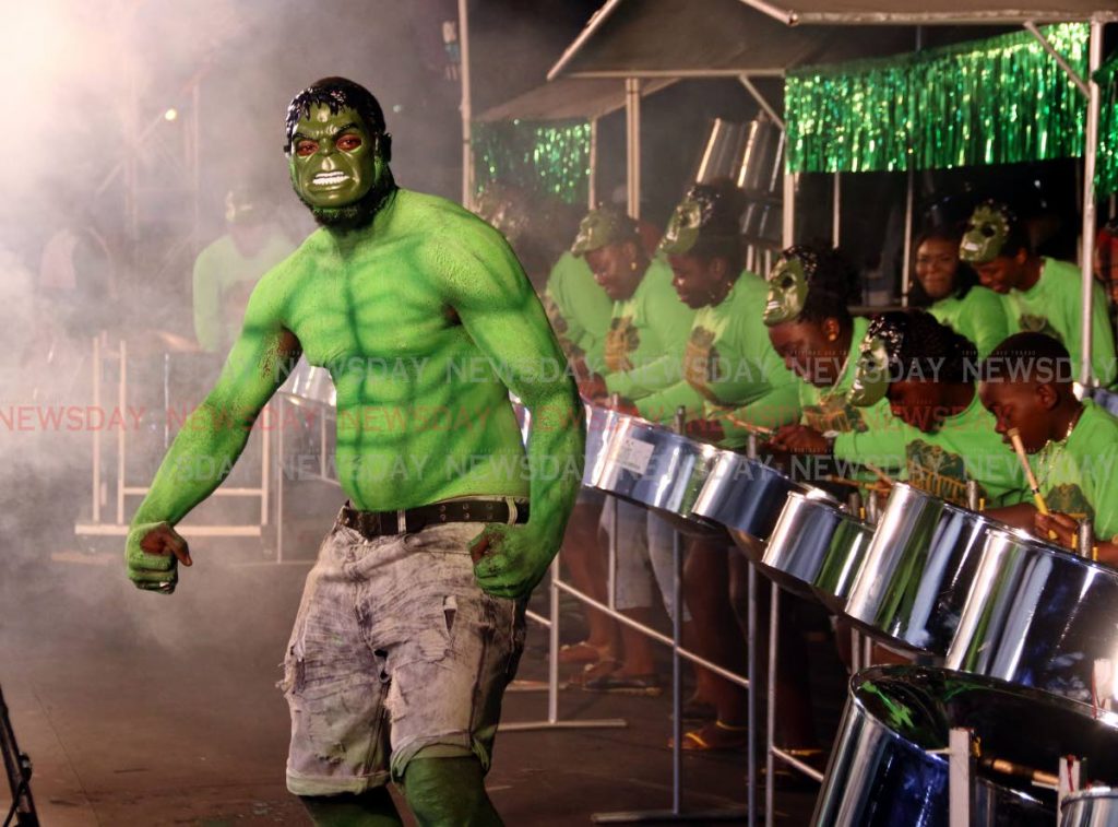 Hulk joins Uptown Fascinators, of Scarborough, for the bands performance of Hulk, sung by Blaxx, in the Panorama small bands final at at Skinner Park, San Fernando on Thursday night. Fascinators was one of five Tobago bands in the competition.  PHOTO BY ANSEL JEBODH