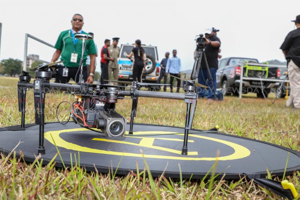 A Matrice 100 drone equipped with a Zenmuse Z30 Camera  on display at the Queen's Park Savannah, Port of Spain, on Saturday. The drone is among those that will be used by the TT Police Service to monitor Carnival this year. PHOTO BY
Jeff K Mayers