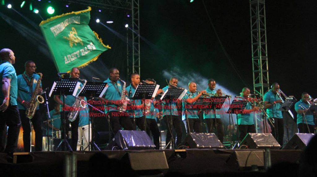 TT Regiment Band plays Savannah Grass on their way to winning the inaugural Brass Bacchanal competition, North Park, Queen's Park Savannah, Port of Spain on Carnival Monday night. PHOTO BY ANGELO MARCELLE