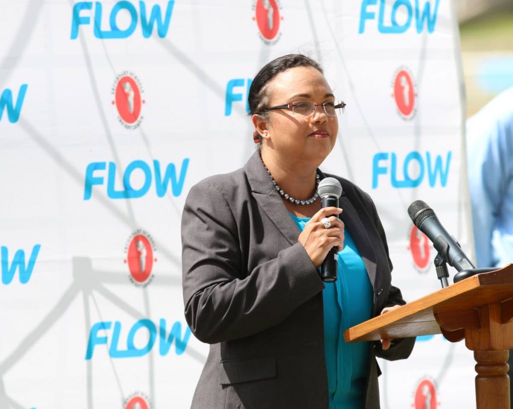 Director of marketing at Flow Cindy-Ann Gatt speaks during the launch of the Secondary Schools Cricket League Girls Hardball Competition,yesterday, at the Brian Lara Cricket Academy,Tarouba.