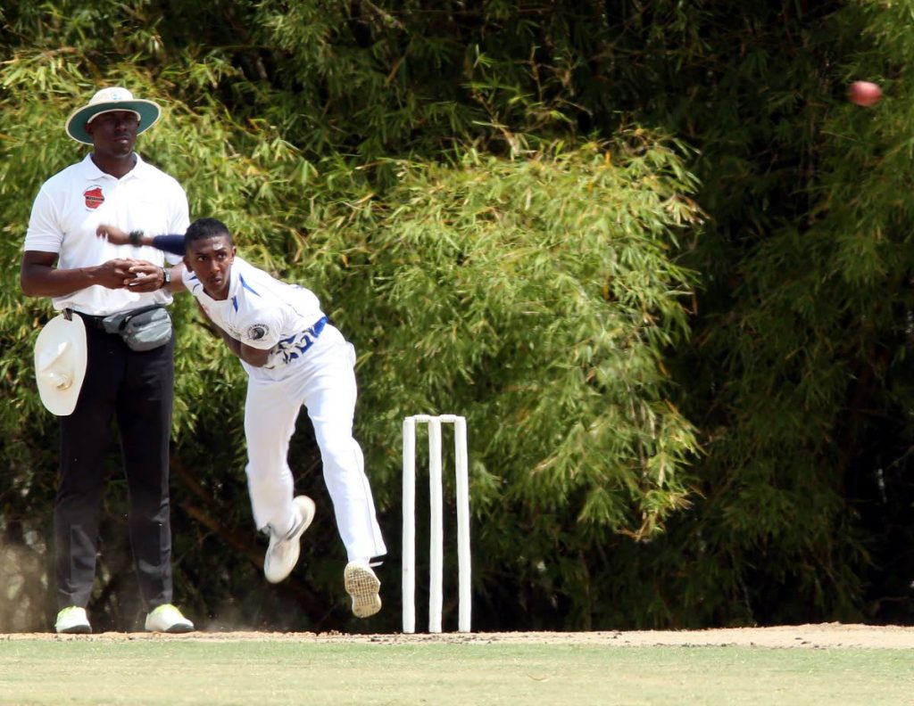 Presentation College, San Fernando’s Vanir Maharaj bowls during the SSCL match against Couva 
East Secondary School, held at the National Cricket Centre, Balmain, Couva.