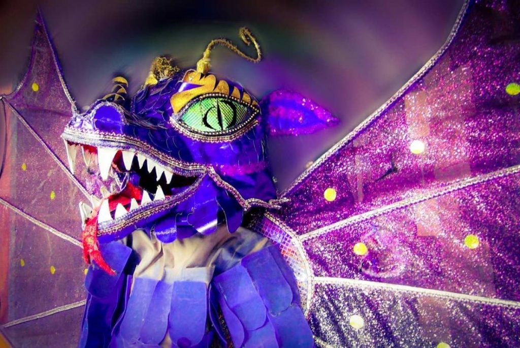 A purple beast/dragon mas costume, part of the current display at Carnival at the Castle which runs at Castle Killarney, Maraval Road, 
Port of Spain, until March 30.