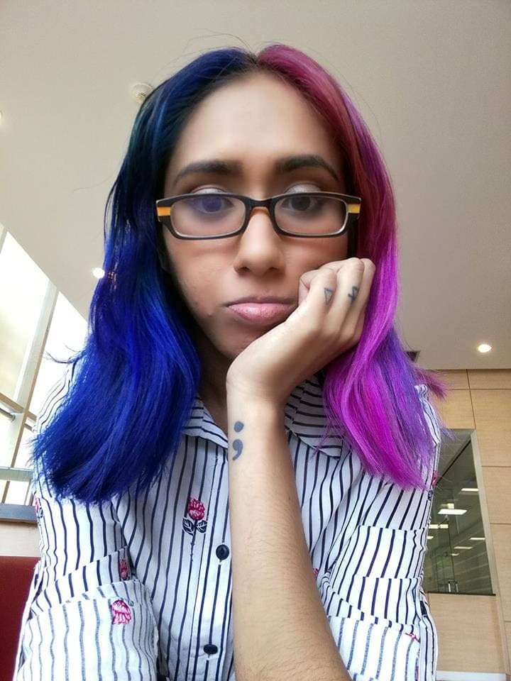 Local blogger Julie Mango with her blue and pink hair. 