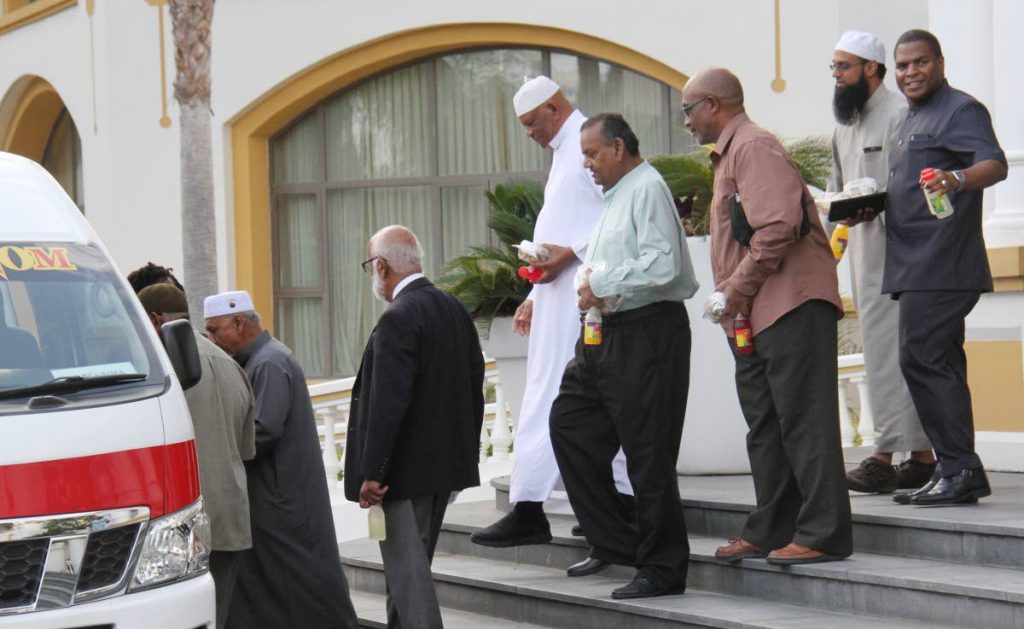 Muslim leaders leave the Diplomatic Centre in St Ann’s yesterday after a meeting with the prime minister.