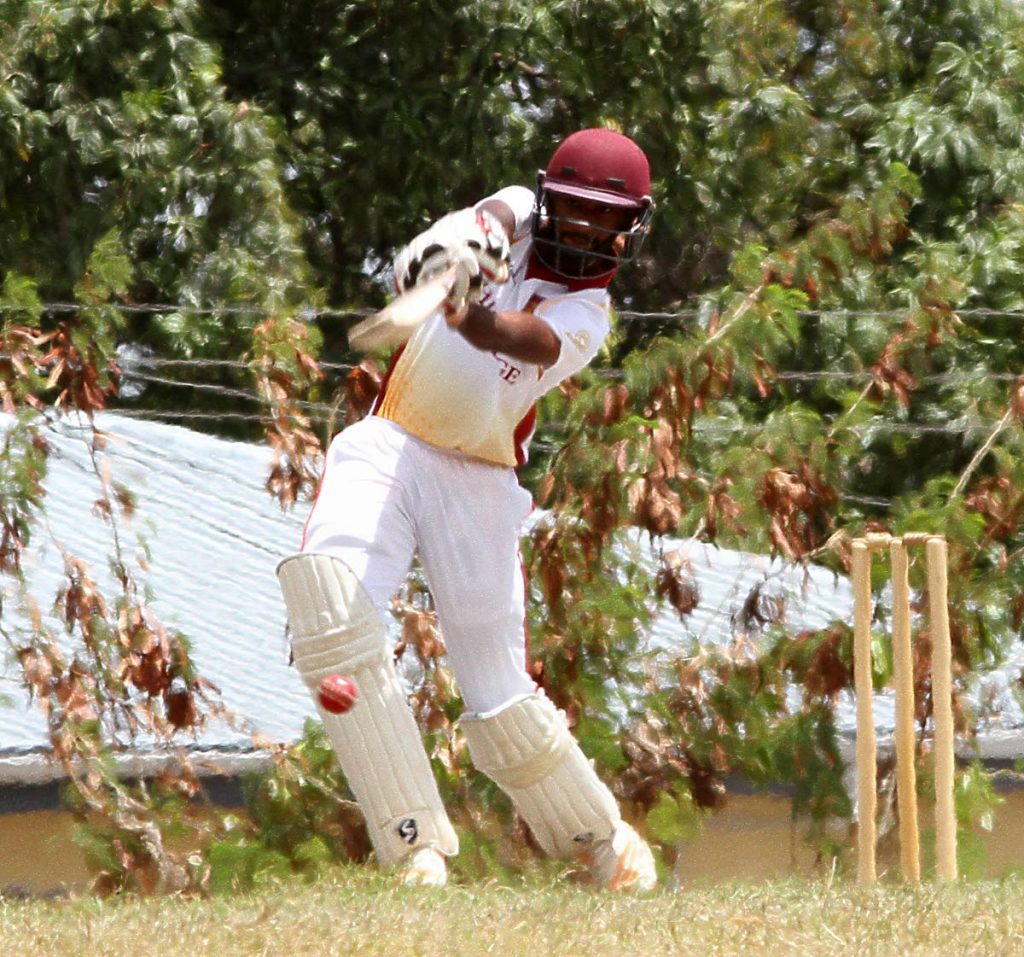 Hillview College’s Navin Bidaisee plays a shot during a Powergen Intercol T20 tournament match against Trinity College East, at Honeymoon Park, Tunapuna,yesterday.